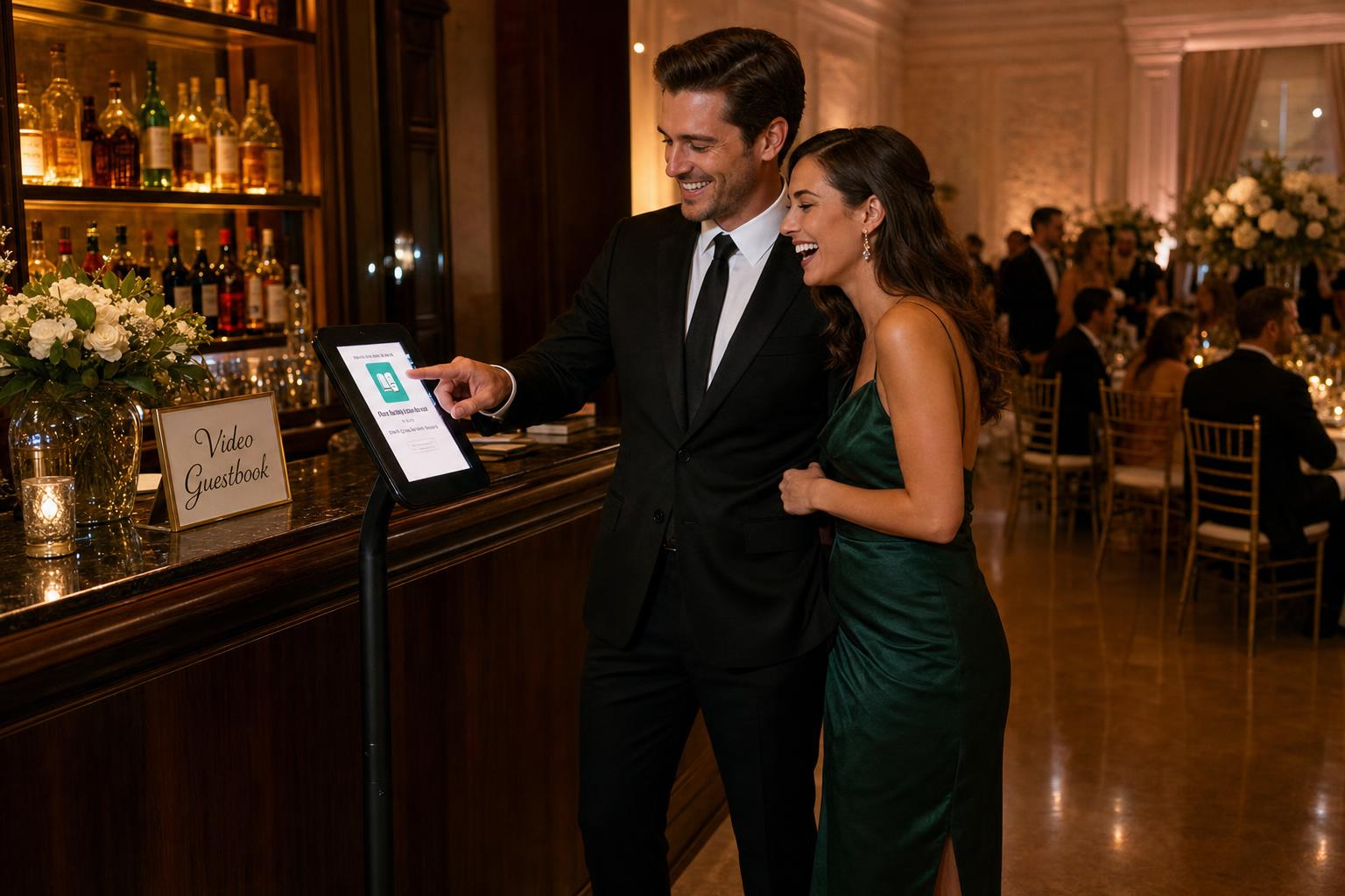 A couple using a MyWishClips turn-key video guestbook kiosk at an event