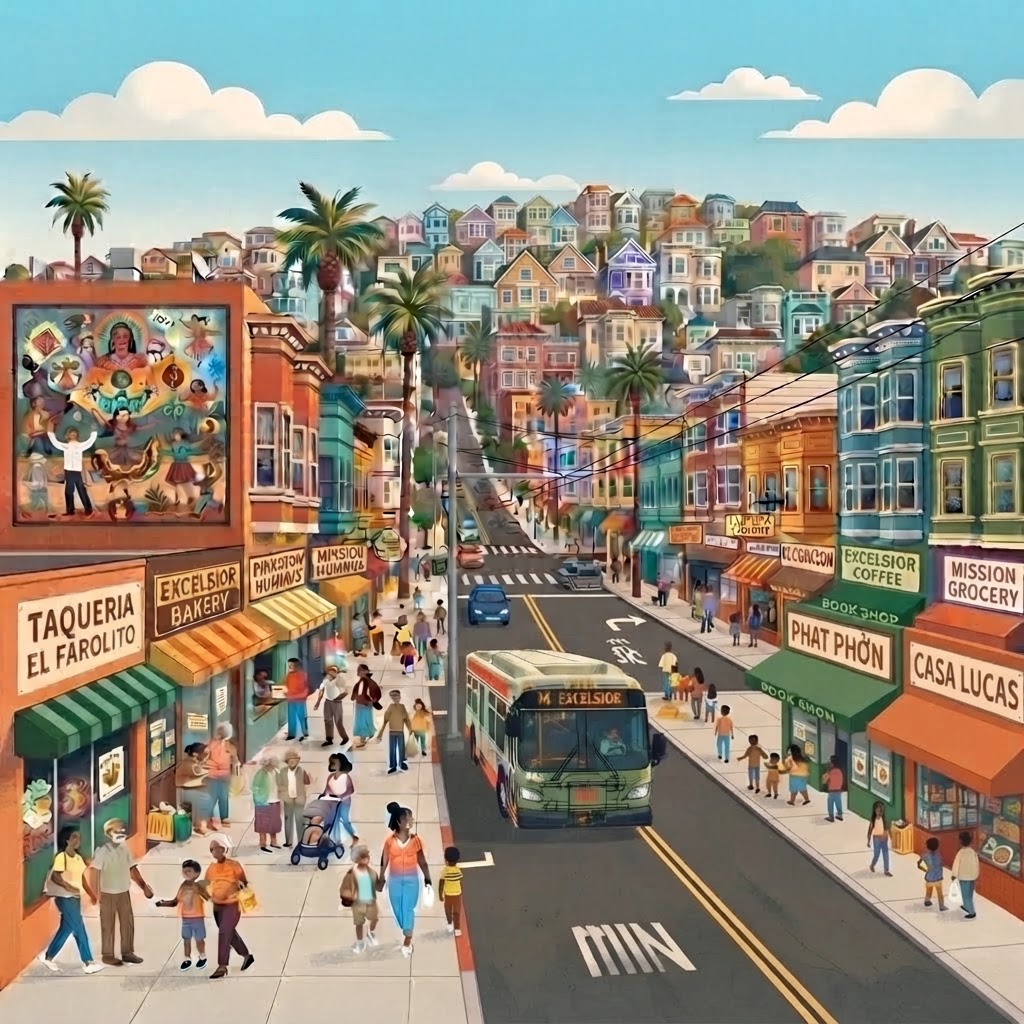 Illustration of a Muni bus traveling through the Excelsior neighborhood