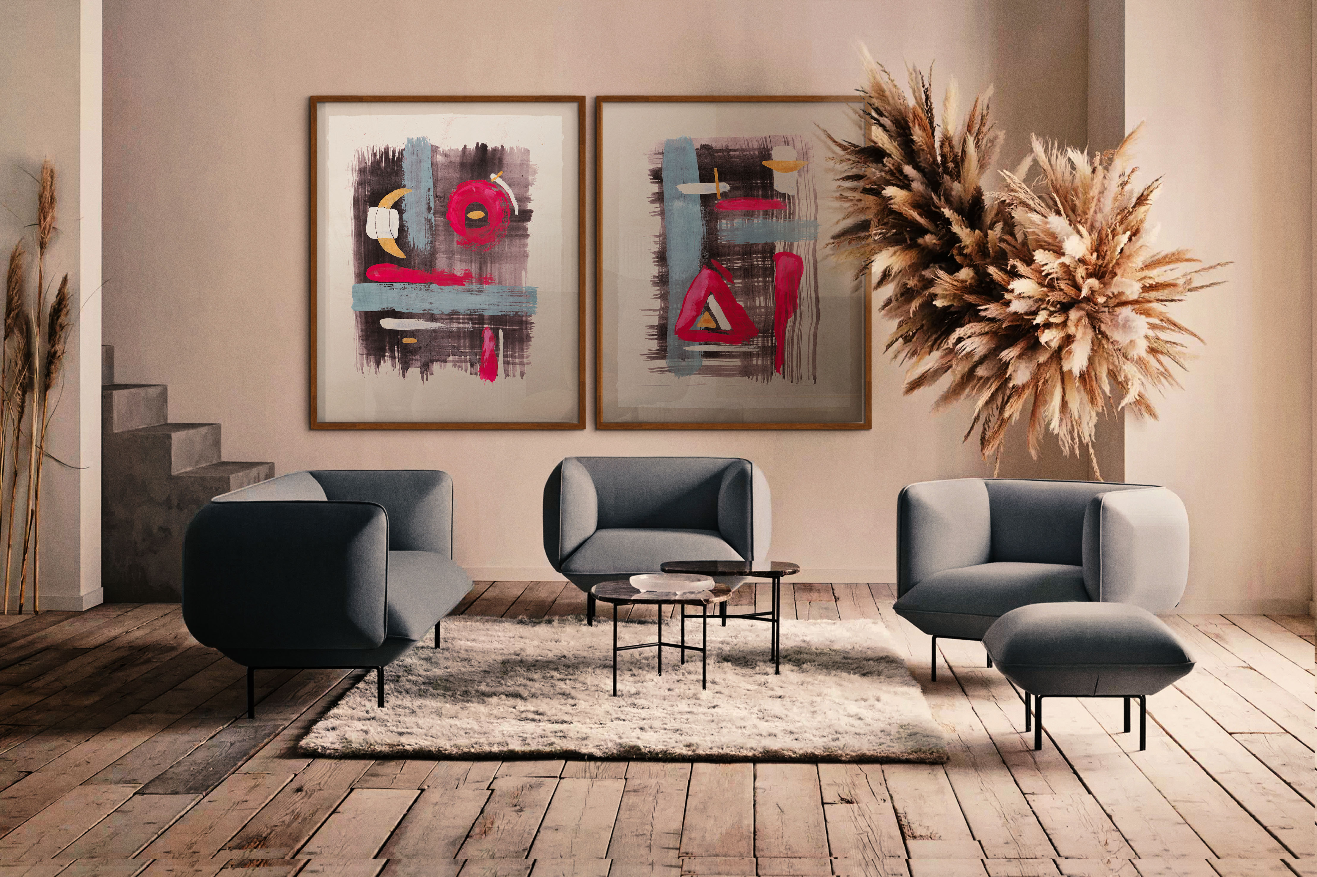 Ambiente decorado com dois quadros abstratos em molduras de madeira