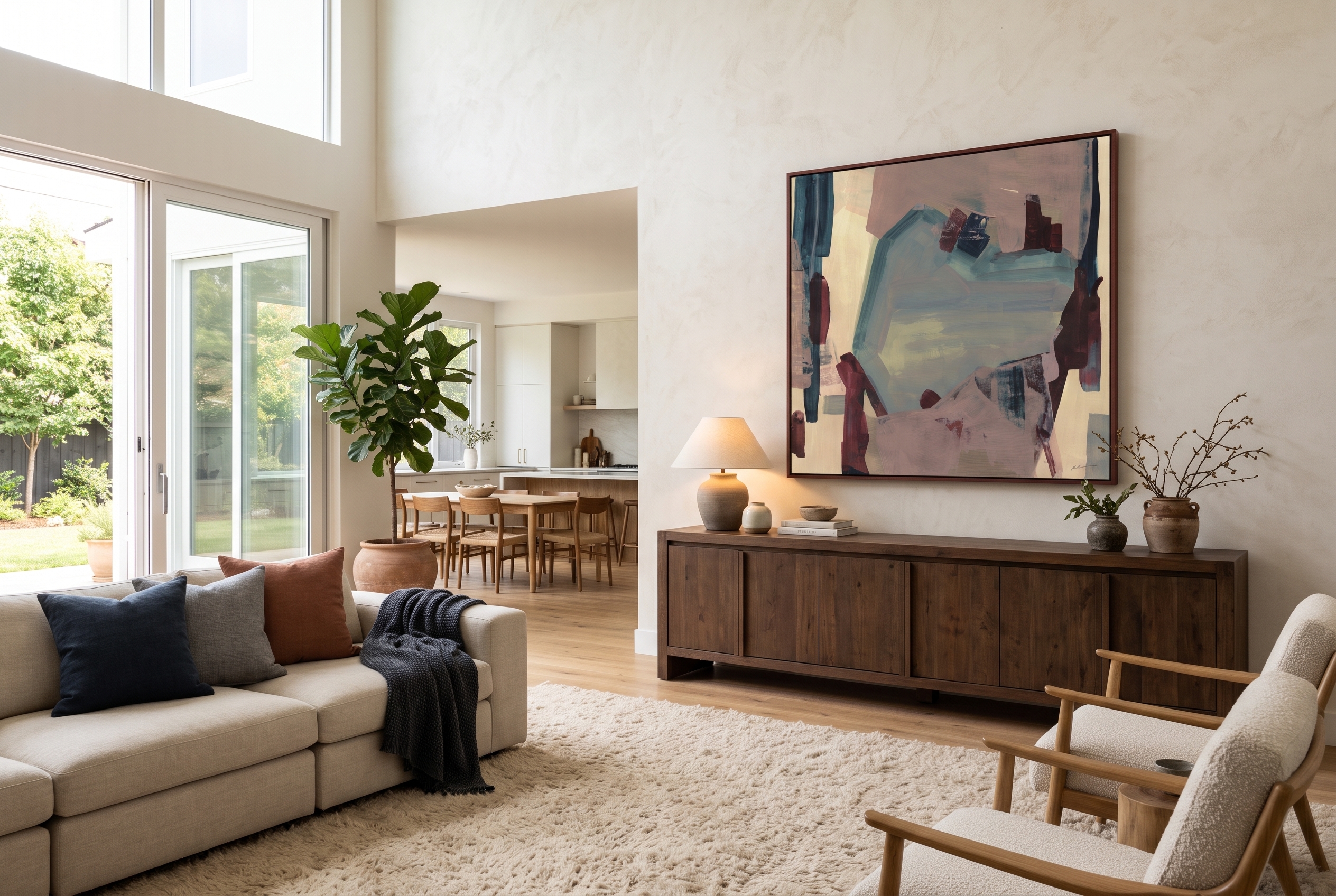 Sala de estar com quadro abstrato da Pictology sobre aparador de madeira
