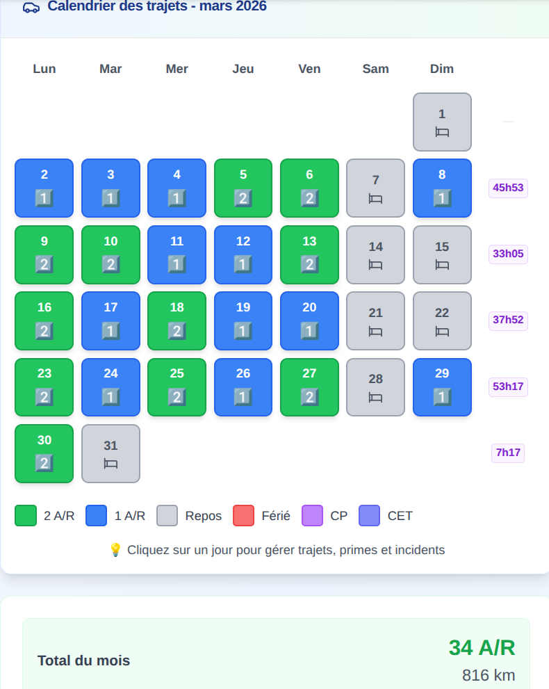 Calendrier des trajets