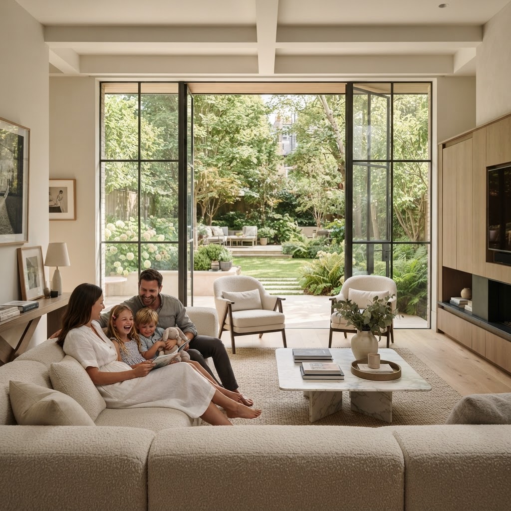Familia disfrutando de un salón residencial de lujo climatizado con Climate Platinum