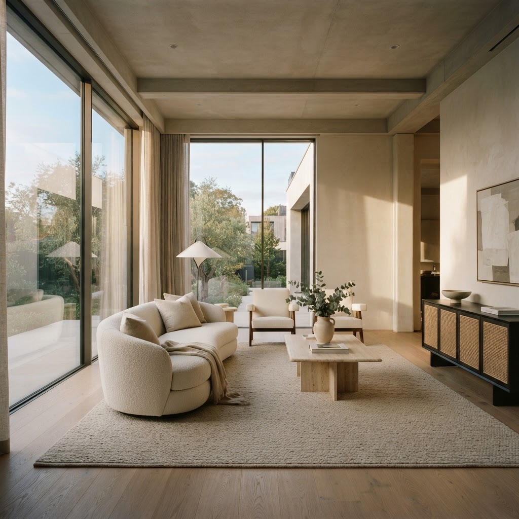 Salón residencial premium con luz natural y ventanales climatizado con Climate Platinum