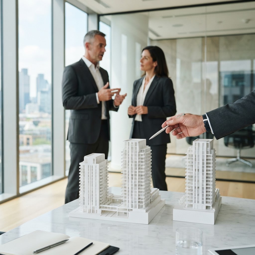 Promotoras inmobiliarias analizando maquetas de proyecto residencial