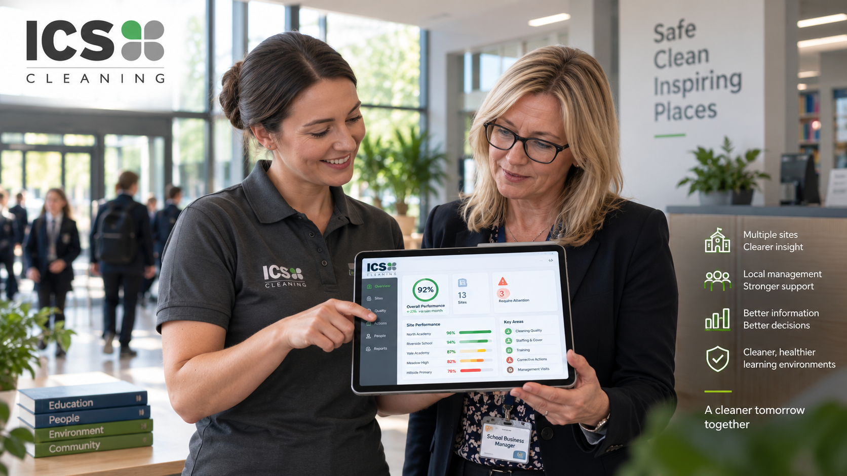 ICS Cleaning site manager showing a school Business Manager a OneView dashboard on a tablet, displaying multi-site performance across 13 school sites