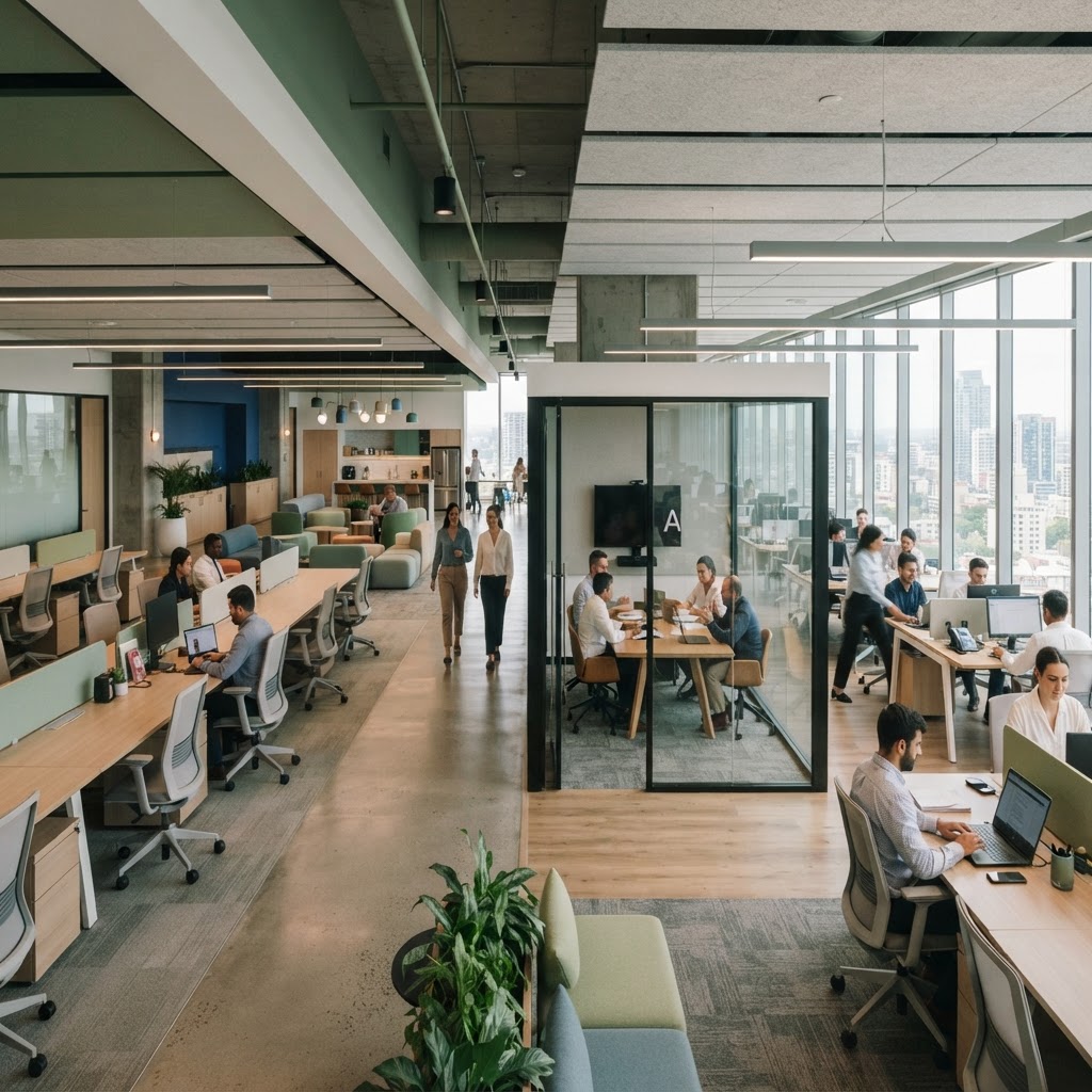 Modern commercial office with varying occupancy across desks and a meeting room