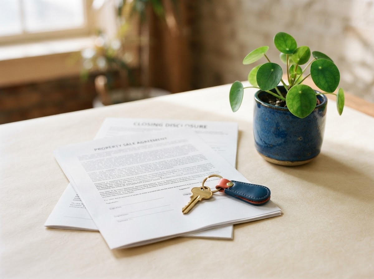 A house key and planning papers on an ivory desk