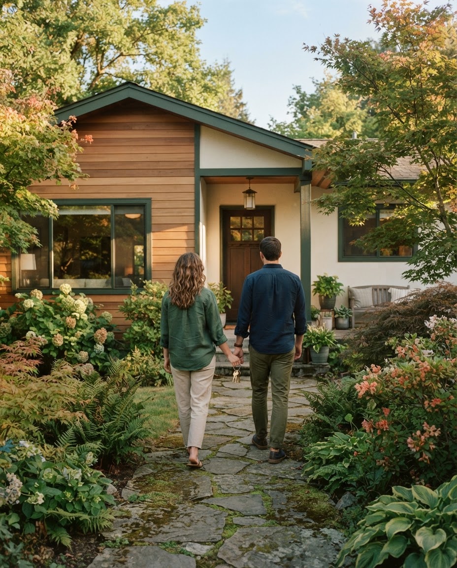 A welcoming home in warm morning light