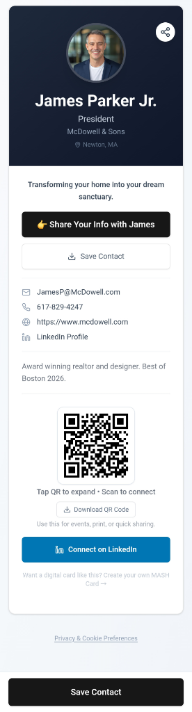 My MASH Card, digital business card profile view with QR code