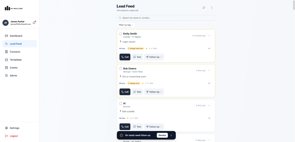 My MASH Card lead feed dashboard view