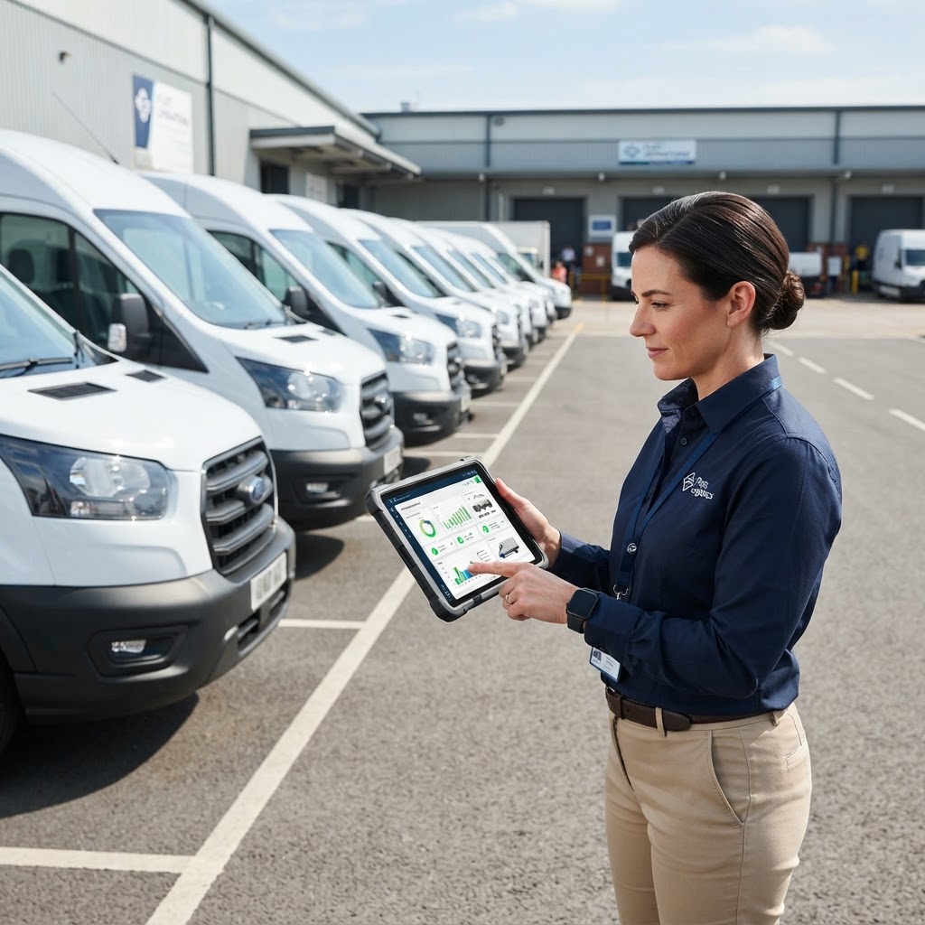 Fleet manager reviewing inspection data on a tablet beside commercial vans