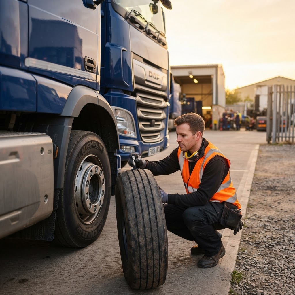 Fleet technician inspecting an HGV tyre