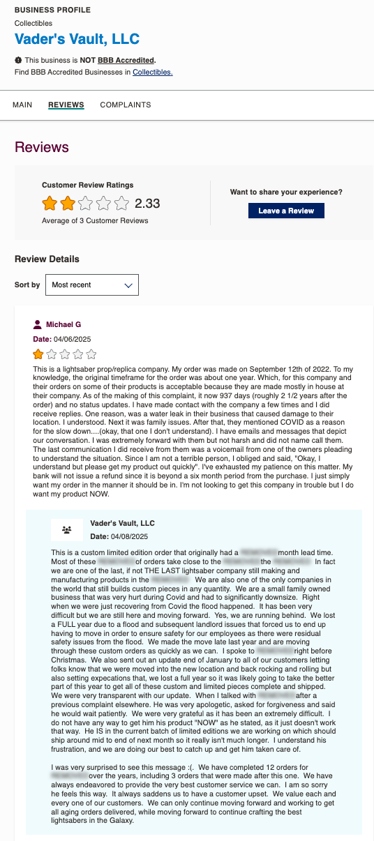 BBB review of Vader's Vault by Michael G with business response