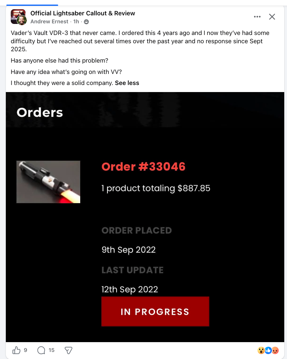 Andrew Ernest's original callout post: a VDR-3 ordered four years earlier, Order #33046 ($887.85) still marked IN PROGRESS, no response since September 2025.
