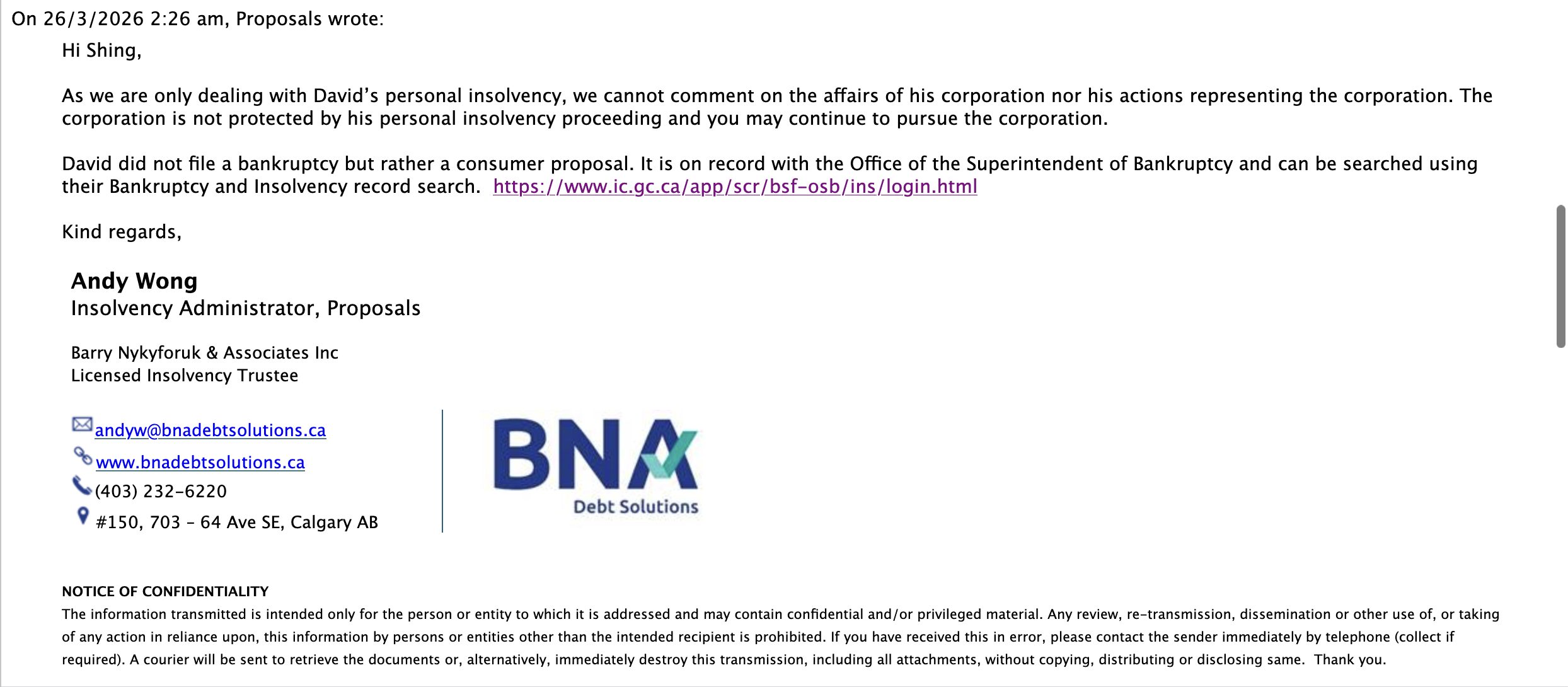 Email from Andy Wong of BNA dated 26 March 2026 stating the corporation is not protected by personal insolvency