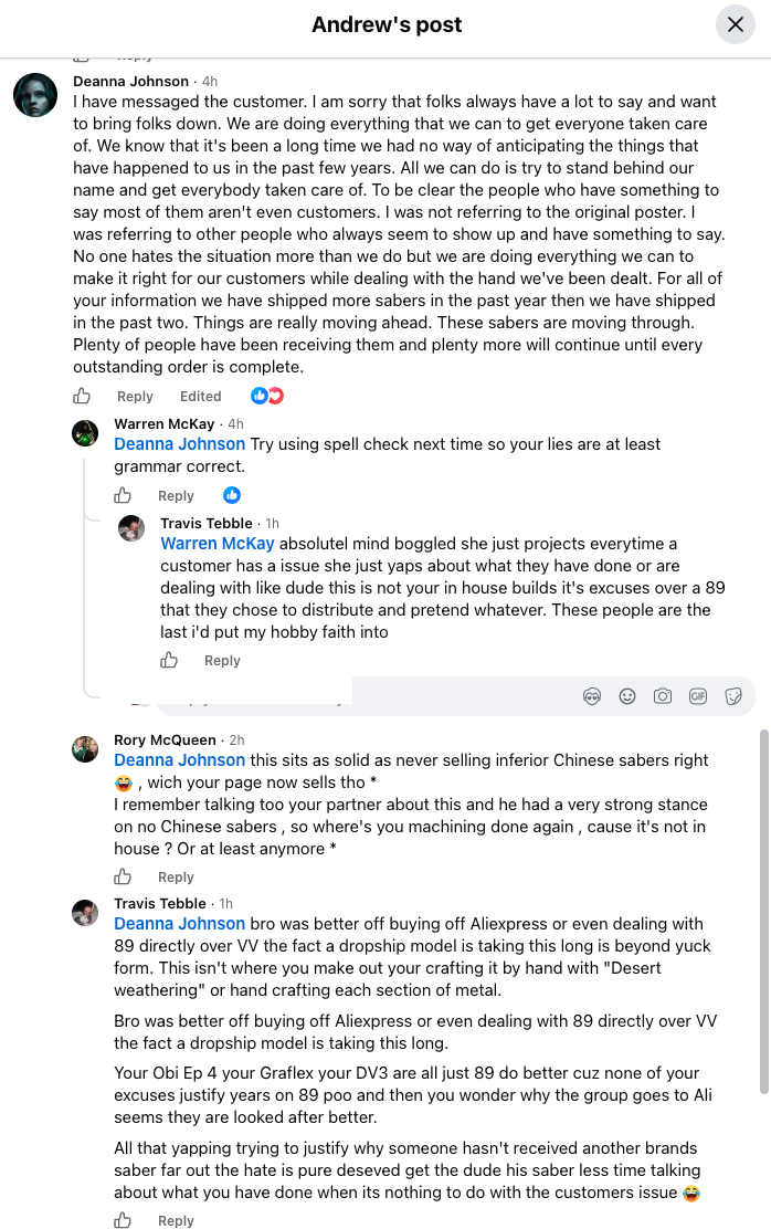 Fourth page of comments — VV co-owner Deanna Johnson's defensive response ('I have messaged the customer... we have shipped more sabers in the past year then we have shipped in the past two'); Warren McKay's jab to 'try using spell check next time so your lies are at least grammar correct'; Travis Tebble calling out the projection and excuses over a dropshipped '89' chassis; Rory McQueen mocking VV's reversal on Chinese sabers and questioning where their machining is actually done.