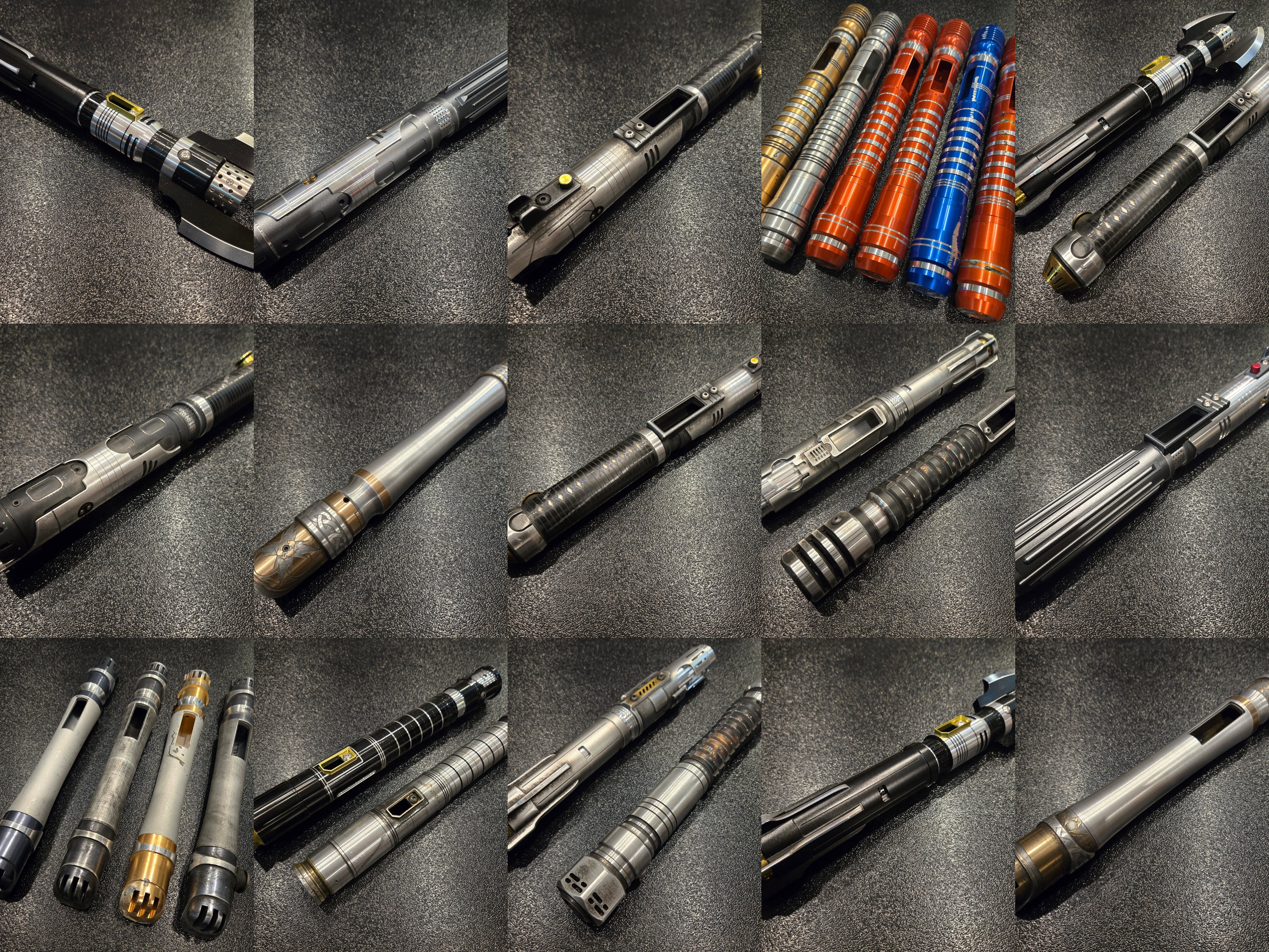 Collage of 15 scratch and dent lightsaber hilts offered for sale by Dave Craswell on 2 October 2025, weeks before Electrum's closure announcement