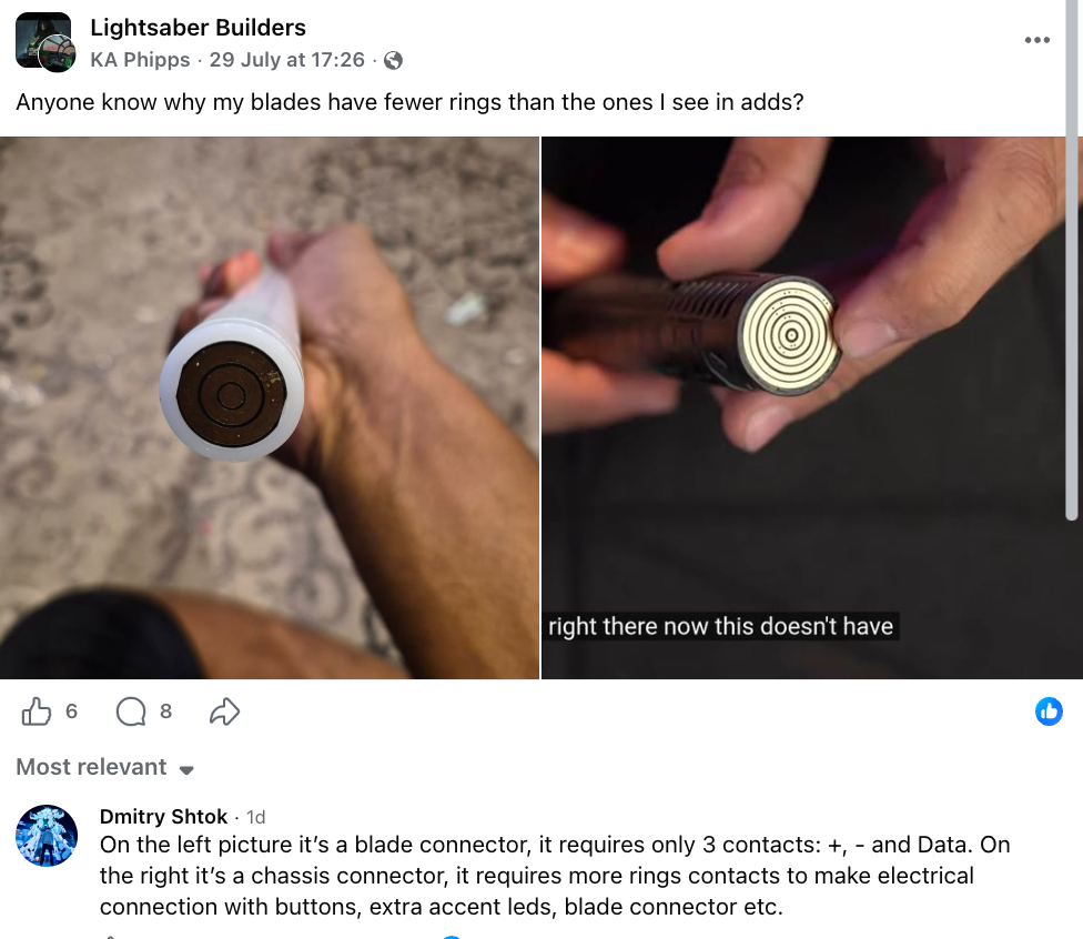 Side-by-side comparison of a blade connector (left) with fewer rings and a chassis connector (right) with multiple concentric gold rings, from a Lightsaber Builders Facebook post.