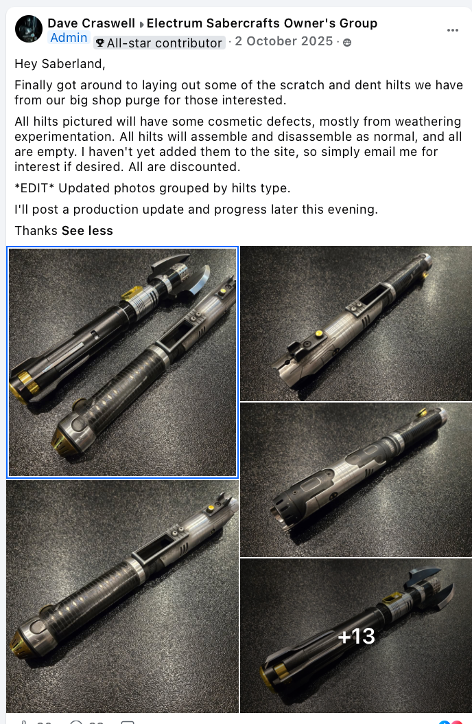 Dave Craswell Facebook post on 2 October 2025 selling scratch and dent hilts from a shop purge, weeks before announcing Electrum's closure