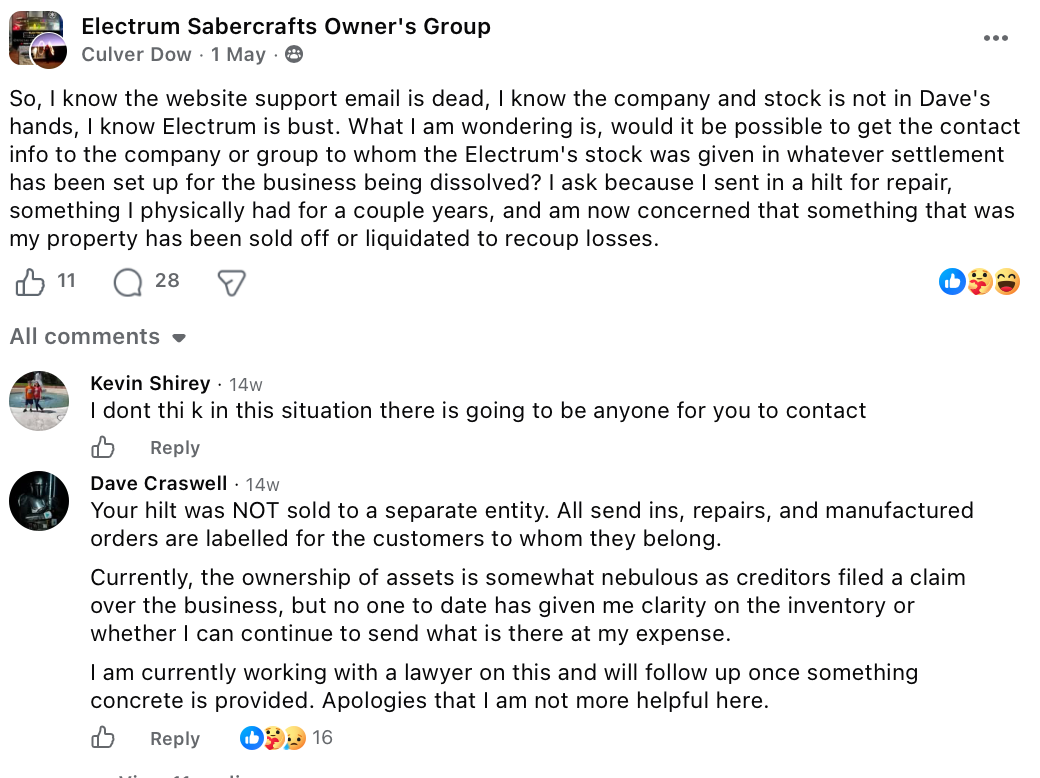 Facebook post where Culver Dow asks about his repair hilt and Dave Craswell responds about nebulous ownership