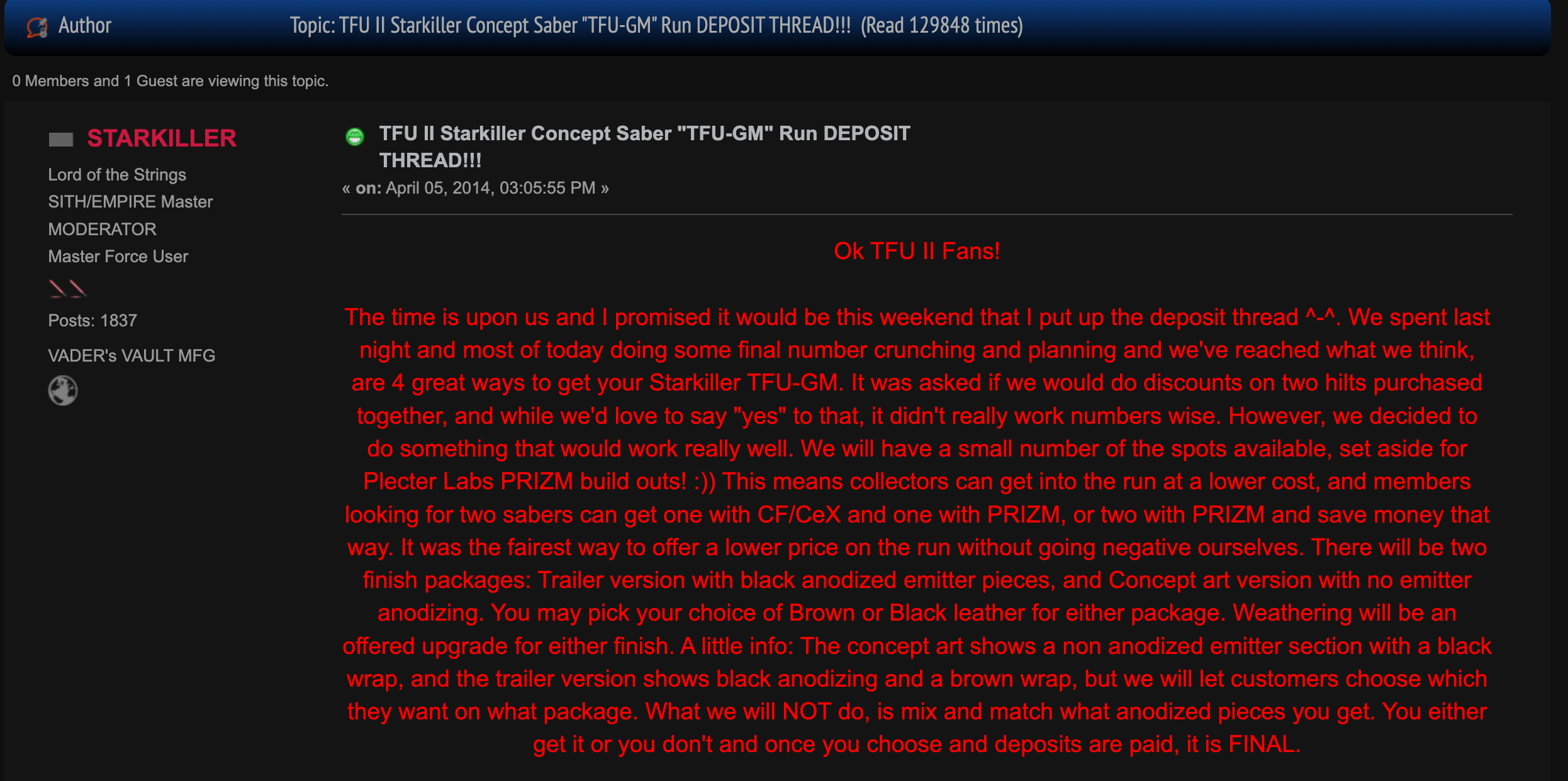 TFU II Starkiller Concept Saber TFU-GM Run deposit thread on Vader's Vault FX-Sabers.com forum, posted April 2014