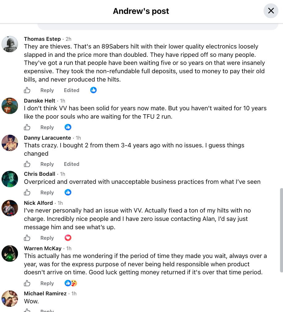 Second page of comments — Thomas Estep calls VV 'thieves' and alleges non-refundable full deposits were taken to pay old bills while hilts were never produced; Warren McKay questions whether the year-plus waits were designed to push customers past their chargeback windows.