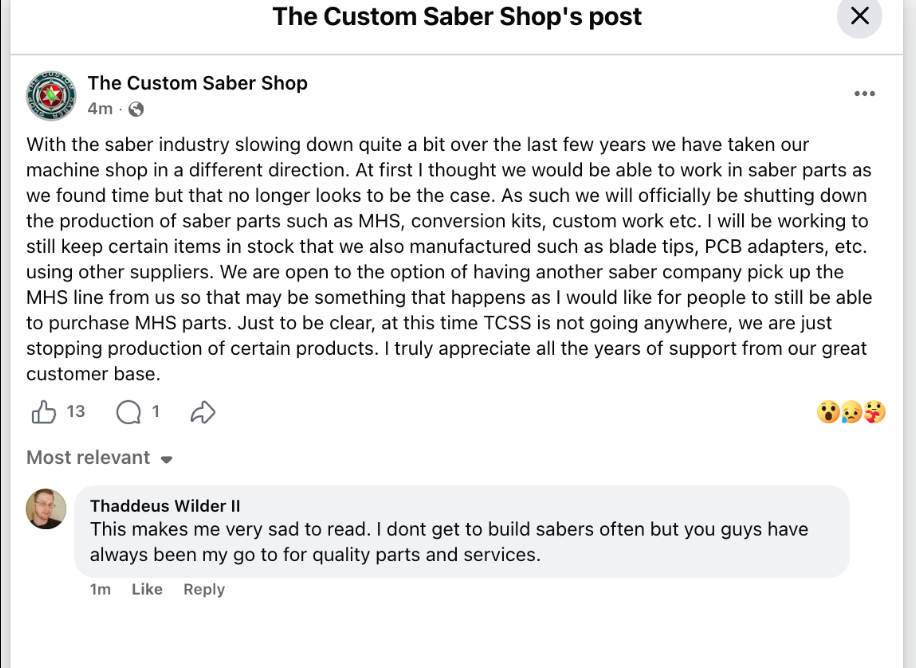 TCSS announces the shutdown of saber parts production including MHS, conversion kits, and custom work — citing an industry that has 'slowed down quite a bit over the last few years.'
