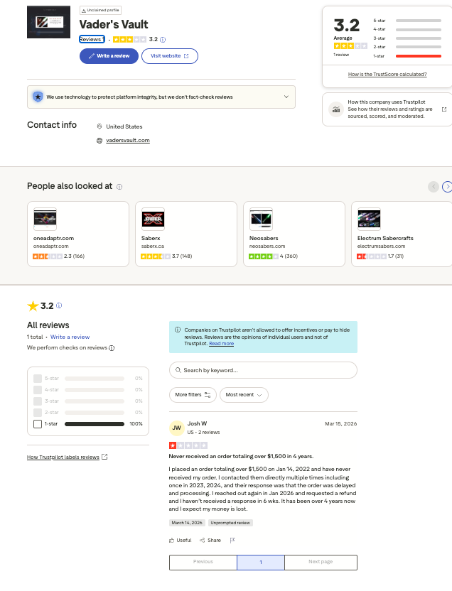 Trustpilot review of Vader's Vault by Josh W