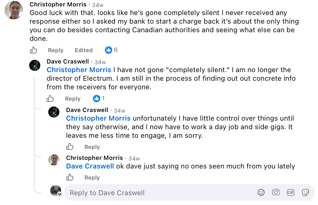 Facebook comment thread from 12 December 2025 where Dave Craswell claims he is no longer director of Electrum and is awaiting information from receivers, a fabricated claim