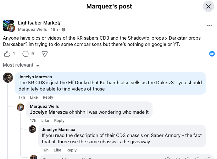 Facebook post showing KR CD3 is the same as the Elf Dooku / Korbanth Duke v3