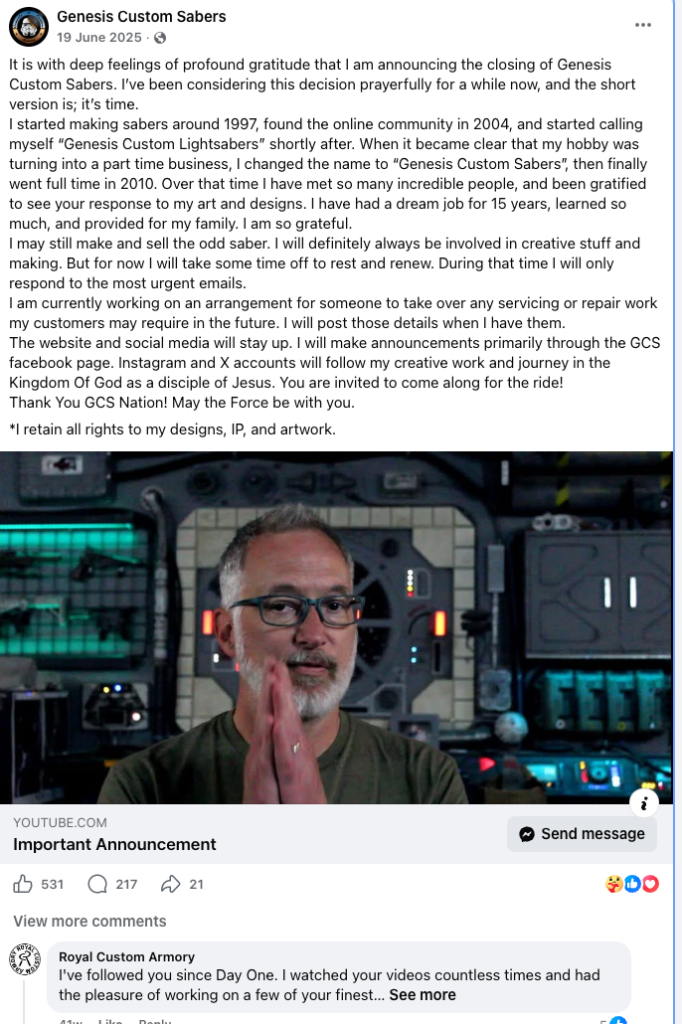 Genesis Custom Sabers announces its closure after 15 years in business. Founded in 2010 as a full-time operation after starting as a hobby in 1997, GCS was one of the most respected names in the community.