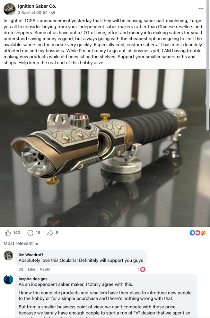 Ignition Saber Co. reacts to TCSS's shutdown, revealing their own struggles — unable to move existing inventory while trying to develop new products.