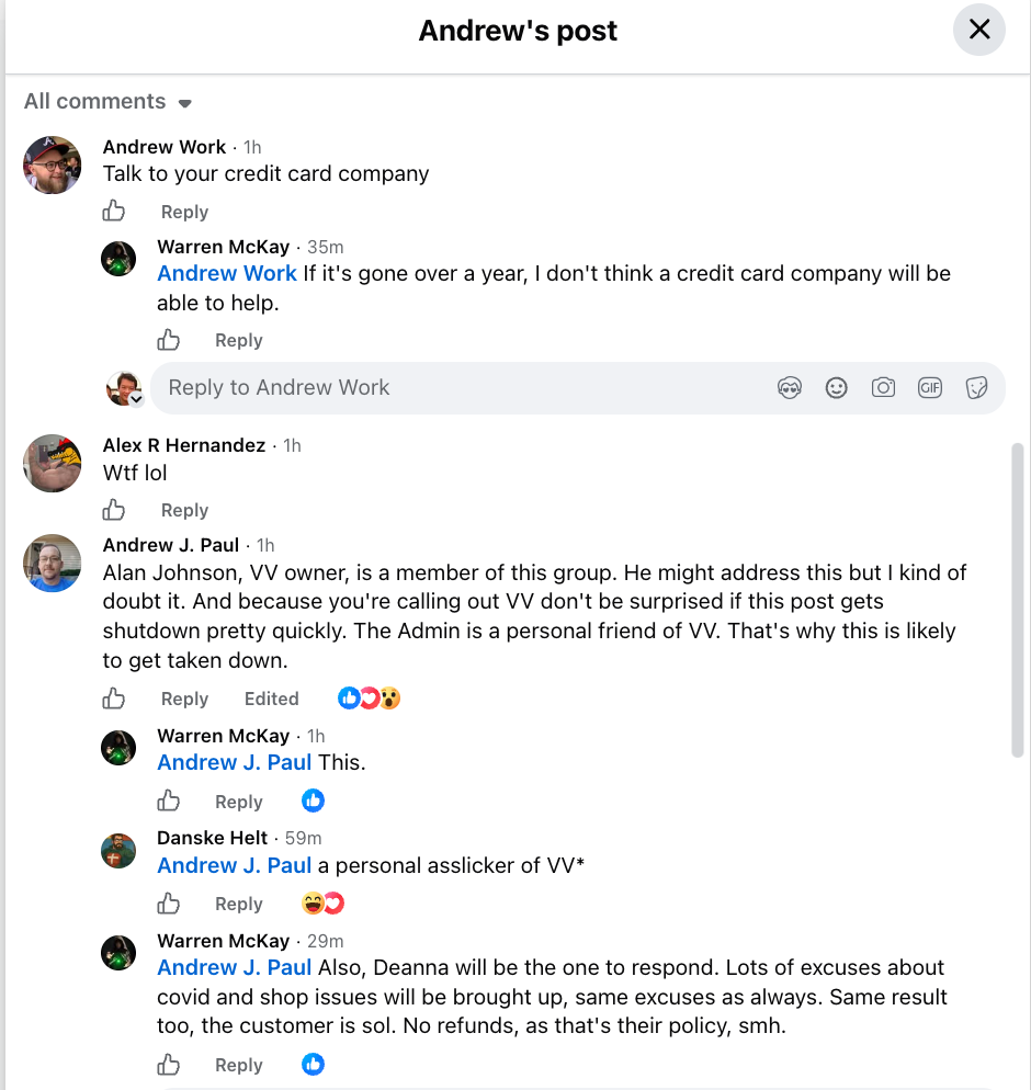 First page of comments — Andrew J. Paul warns that VV owner Alan Johnson is a group member and the admin is a personal friend of VV, so the post would likely be taken down; Warren McKay predicts Deanna will respond with the usual excuses and notes that no refunds are given.