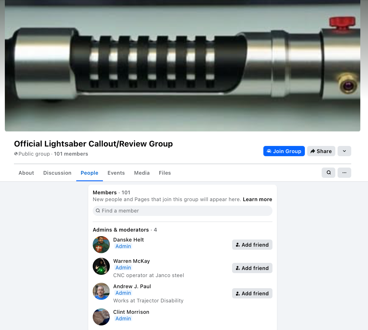 Official Lightsaber Callout/Review Group admin list showing Clint Morrison as admin, August 2026