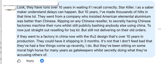 Facebook comment from a saber maker on Andrew Ernest's callout post