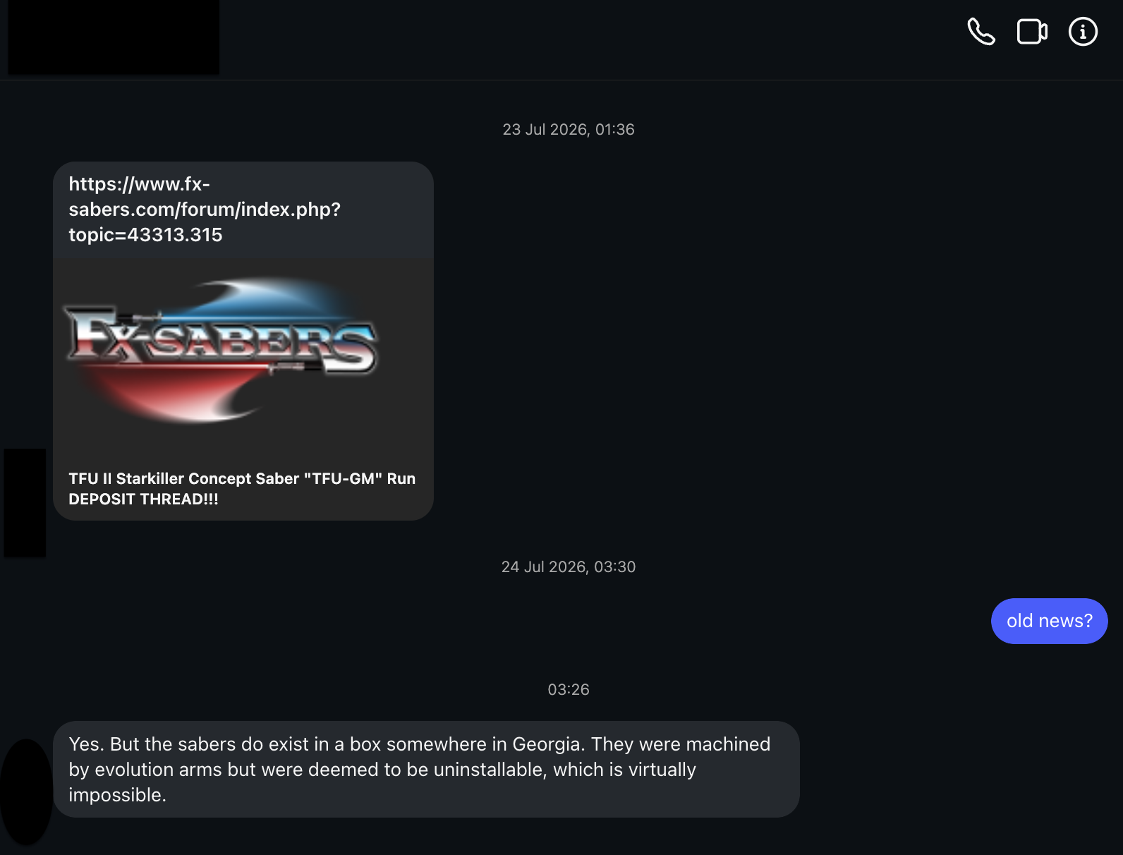 Instagram conversation: anonymous account sending the deposit thread link on 23 July 2026, then following up on 24 July 2026 confirming the sabers exist in a box in Georgia, machined by Evolution Arms but deemed uninstallable.