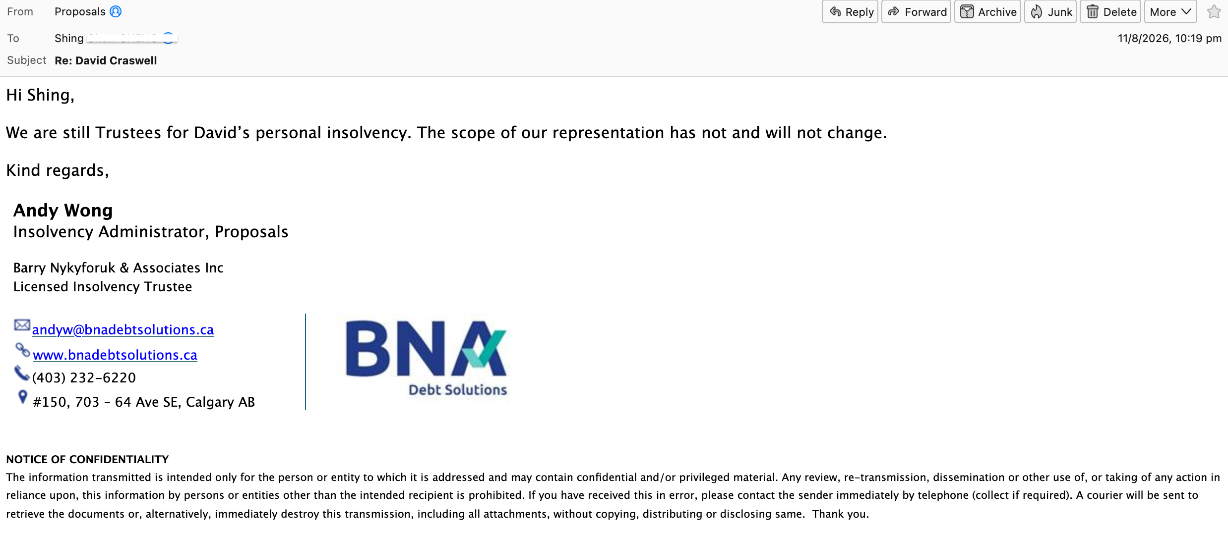 Email from Andy Wong of BNA dated 11 August 2026 confirming personal-only insolvency scope