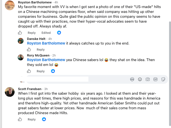 Fifth page of comments — Royston Bartholomew recounts a 'US-made' VV hilt photographed on a Chinese machining company's floor and notes VV's hyper-vocal advocates have 'dropped off'; Danske Helt replies 'it always catches up to you in the end'; Rory McQueen adds 'they shat on the idea. Then they sold em'; Scott Frandsen recalls VV's 'handmade in America' premium pricing now undercut by mass-produced Chinese-made hilts.