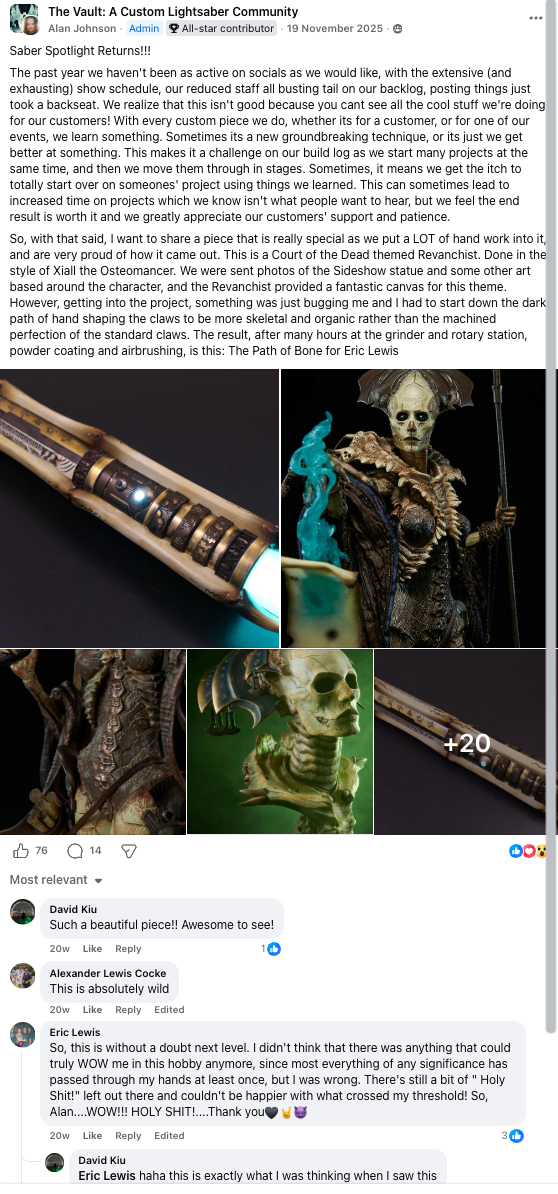 Alan Johnson's Saber Spotlight Returns Facebook post