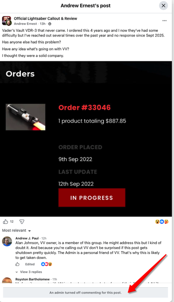 The thread is shut down. At around 5:05 am California Time on Saturday, 22 August 2026 (GMT-7), an admin turned off commenting for Andrew Ernest's post — the banner at the bottom reads 'An admin turned off commenting for this post.' As Andrew J. Paul had predicted earlier in the thread, the callout was silenced rather than addressed.