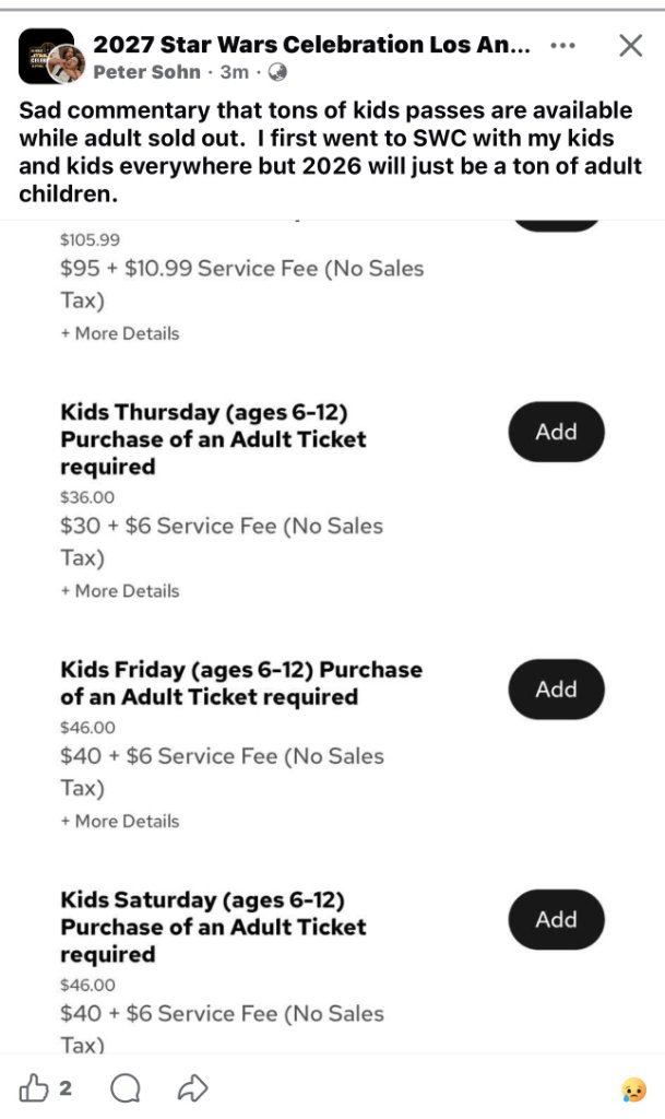 Public Facebook post showing 2027 Star Wars Celebration LA adult tickets sold out while kids passes remain available