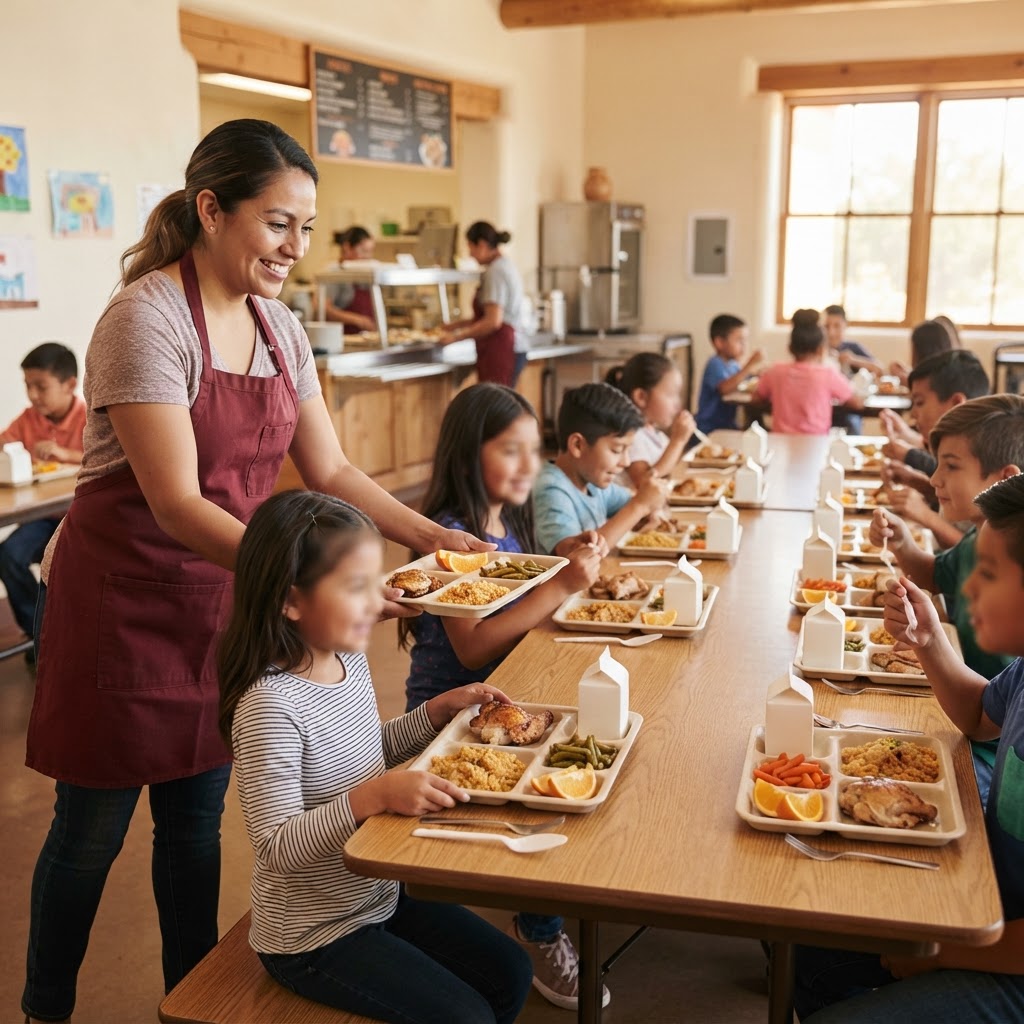 After-school program kids eating balanced hot meal trays