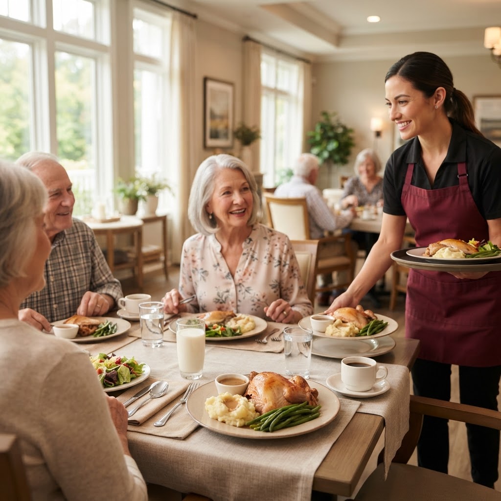 Seniors sharing balanced plated meals in a bright community dining room