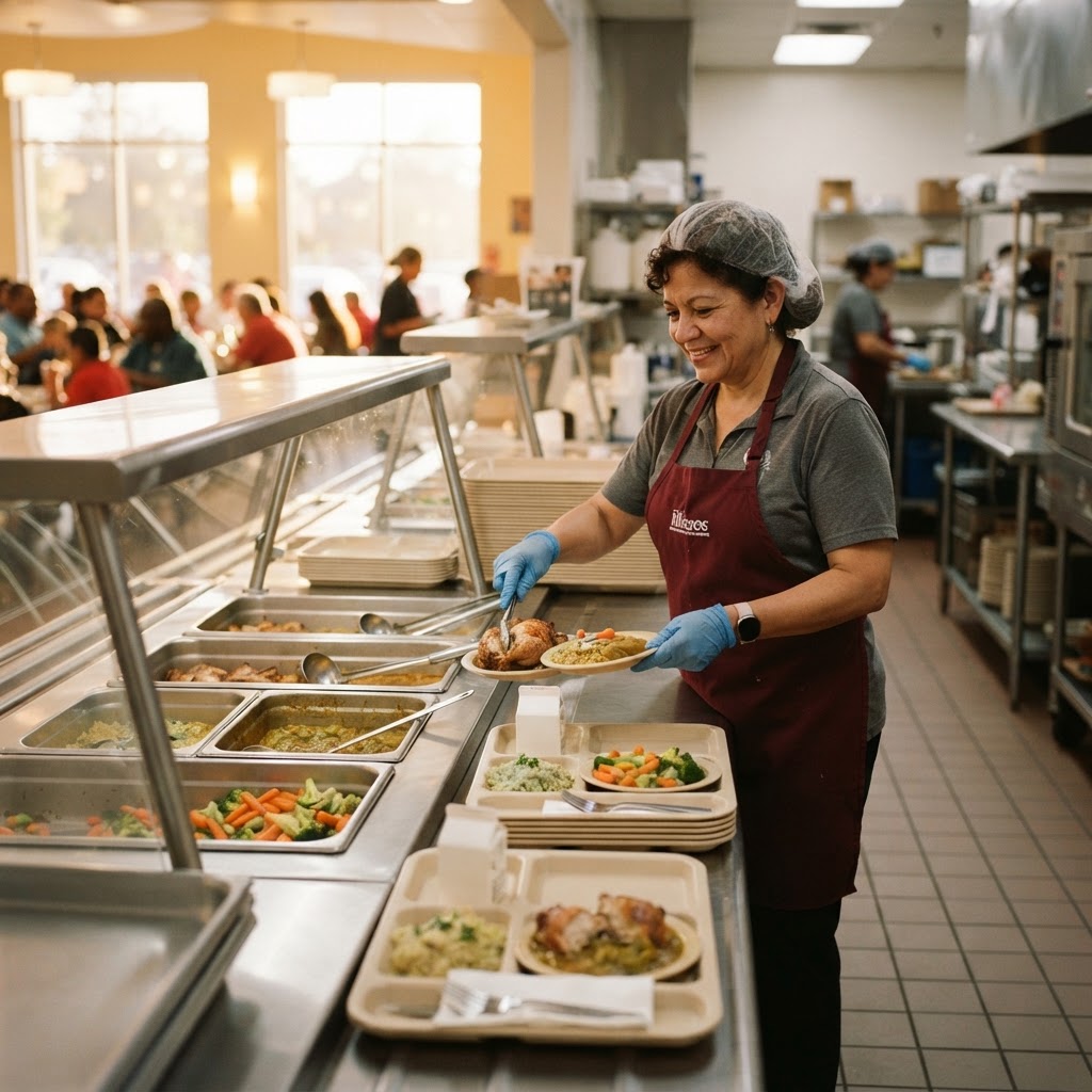 Kitchen staff serving hot plated meals on the tray line in a community dining hall
