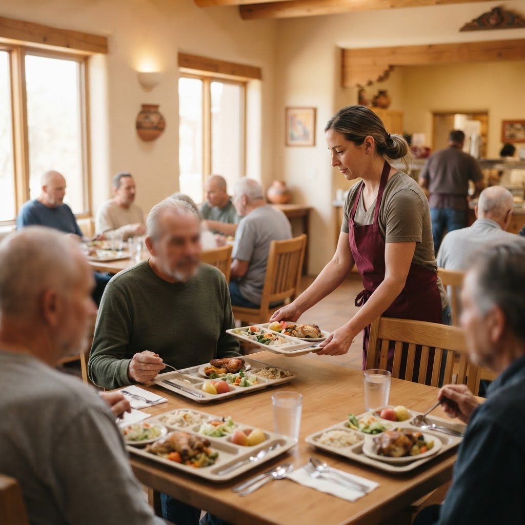 Dining hall in a residential recovery program with trays of balanced hot meals