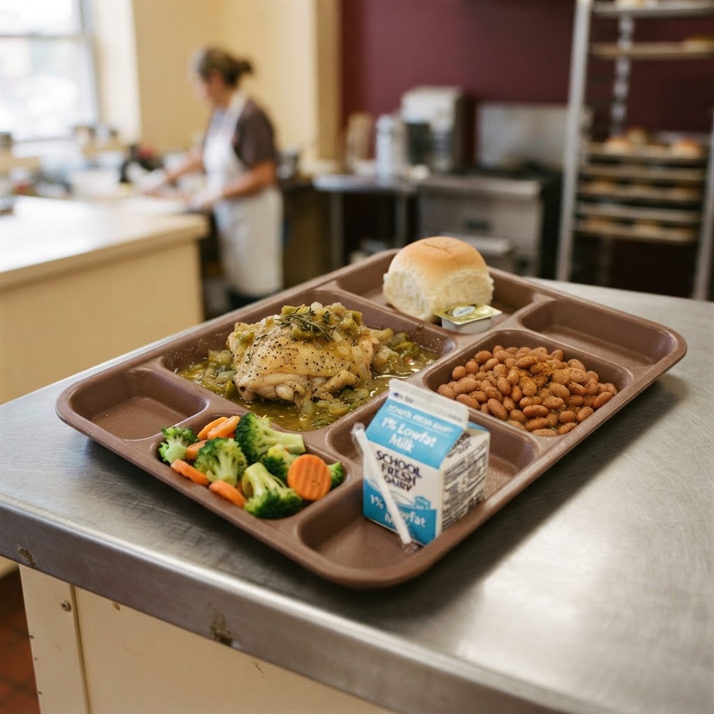 A row of balanced plated hot meals with standard portions and milk cartons