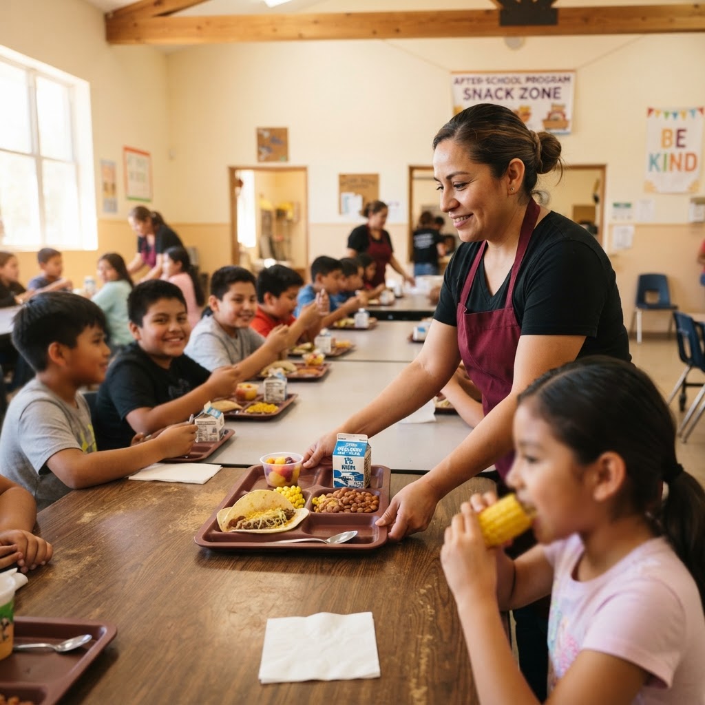 After-school program kids eating balanced hot meal trays