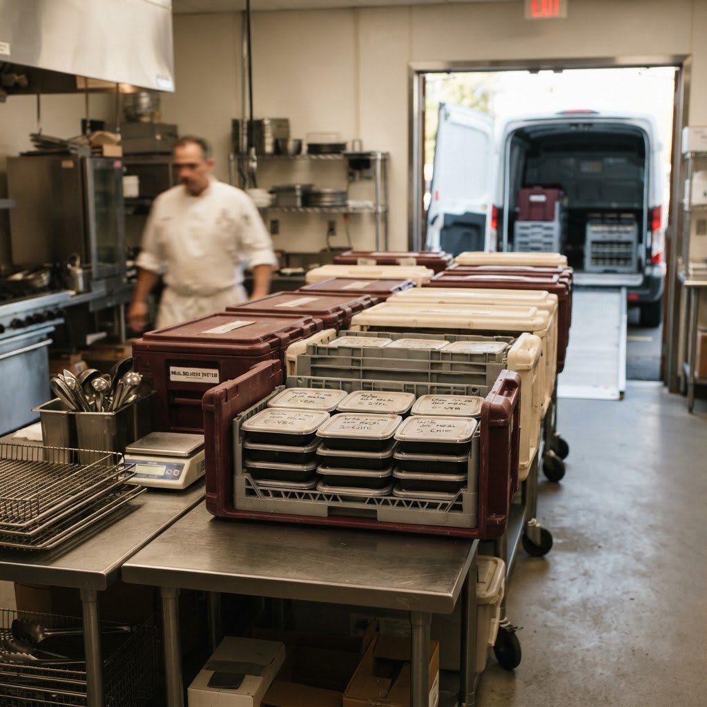 Insulated meal carriers and sealed trays ready for delivery