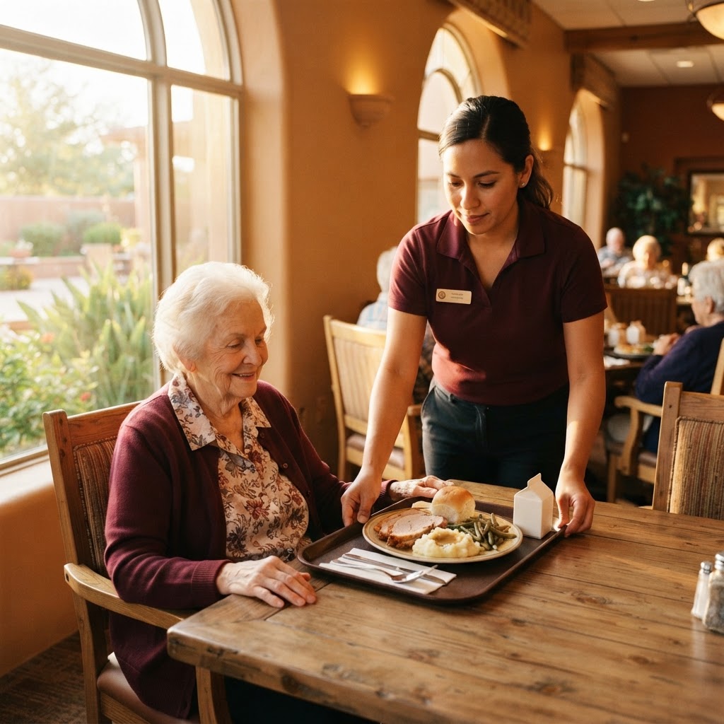 Seniors sharing balanced plated meals in a bright community dining room