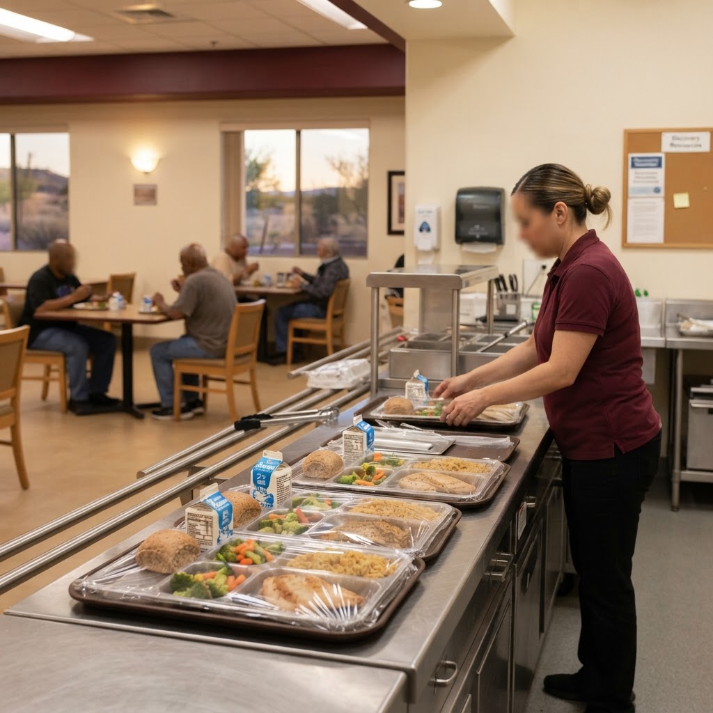 Dining hall in a residential recovery program with trays of balanced hot meals